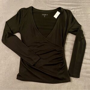 NWT - LOFT Black Long Sleeve Faux-Wrap Ruched Top